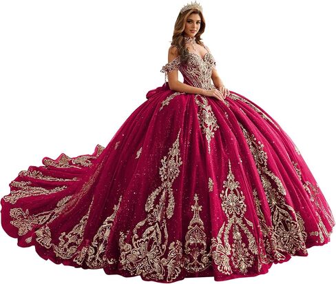 فساتين Quinceanera من التول اللامع مع شرابة ذهبية مزينة بـ 16 فستانًا بكتف بارد فيستدوس دي 15 عامًا in Saudi Arabia