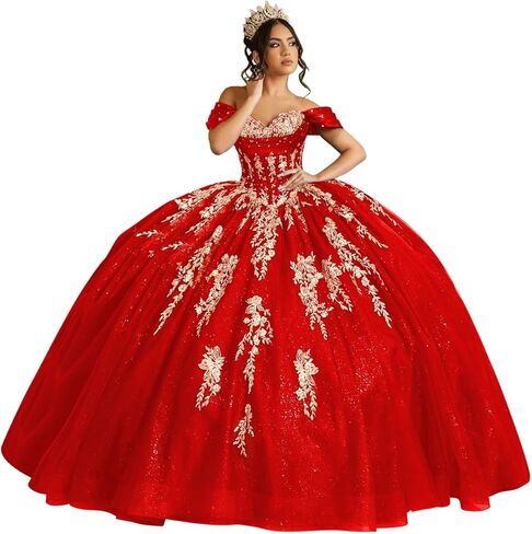 فساتين Quinceanera من Moucy بريق ذهبي مزهّر بالزهور مع فيونكة مطرز بدون أكتاف حلوة 16 فستان مكشكش من التل فساتين سهرة in Kuwait