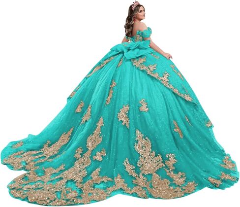 فساتين Quinceanera الفاخرة المزينة بالذهب من Moucy مع فيونكة وخرز من التل الحلو 16 فستان بدون الكتف للحفلات الراقصة فستان طويل in Saudi Arabia