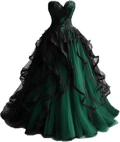Sweetheart Gothic Black Ruffles Prom Wedding Dresses Long Tulle Lace Ball Gown Quinceanera in Saudi Arabia