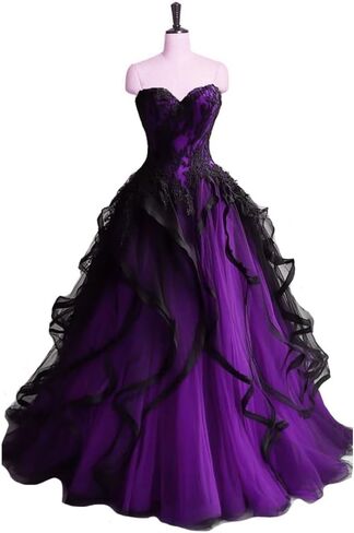 Sweetheart Gothic Black Ruffles Prom Wedding Dresses Long Tulle Lace Ball Gown Quinceanera in Saudi Arabia