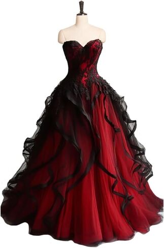 Sweetheart Gothic Black Ruffles Prom Wedding Dresses Long Tulle Lace Ball Gown Quinceanera in Saudi Arabia