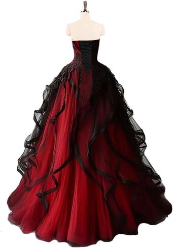 Sweetheart Gothic Black Ruffles Prom Wedding Dresses Long Tulle Lace Ball Gown Quinceanera in Saudi Arabia