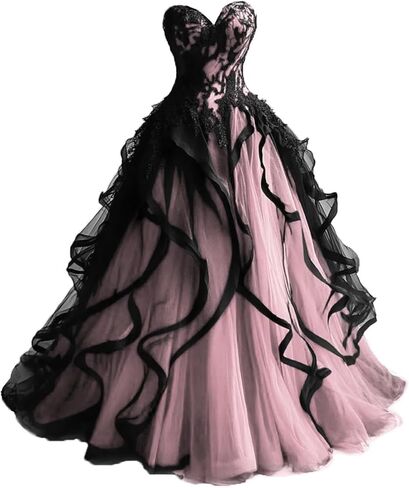 Sweetheart Gothic Black Ruffles Prom Wedding Dresses Long Tulle Lace Ball Gown Quinceanera in Saudi Arabia