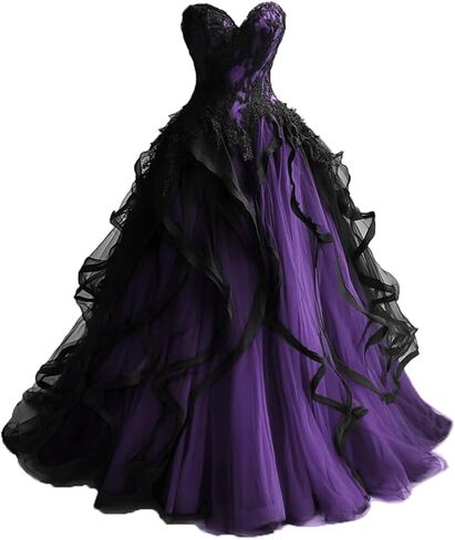 Sweetheart Gothic Black Ruffles Prom Wedding Dresses Long Tulle Lace Ball Gown Quinceanera in Saudi Arabia