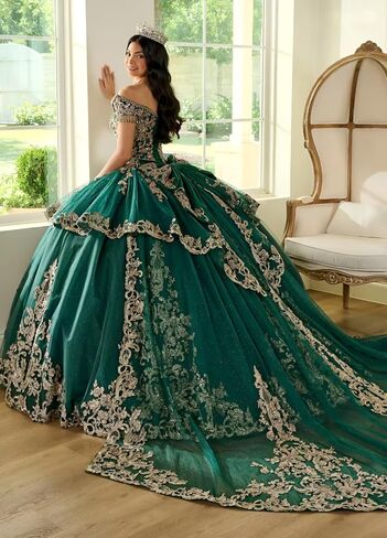 Glitter Tulle Quinceanera Dress with Train Luxury Tassel Sweet 15 16 Dress with Detachable Bow Gold Beaded Ball Gown in Saudi Arabia