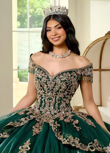 Glitter Tulle Quinceanera Dress with Train Luxury Tassel Sweet 15 16 Dress with Detachable Bow Gold Beaded Ball Gown in Saudi Arabia