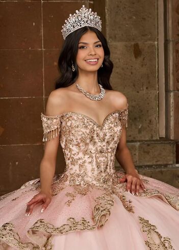 Glitter Tulle Quinceanera Dress with Train Luxury Tassel Sweet 15 16 Dress with Detachable Bow Gold Beaded Ball Gown in Saudi Arabia