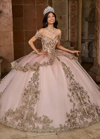 Glitter Tulle Quinceanera Dress with Train Luxury Tassel Sweet 15 16 Dress with Detachable Bow Gold Beaded Ball Gown in Saudi Arabia