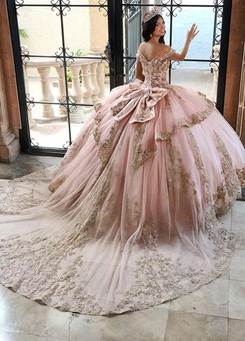 Glitter Tulle Quinceanera Dress with Train Luxury Tassel Sweet 15 16 Dress with Detachable Bow Gold Beaded Ball Gown in Saudi Arabia