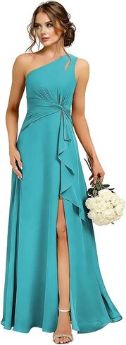 فساتين وصيفة الشرف من الشيفون بكتف واحد مع فتحة طويلة وكشكشة فستان حفلة رسمية مع جيب in Kuwait