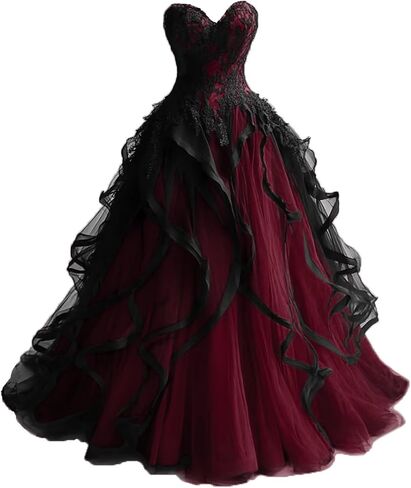 Sweetheart Gothic Black Ruffles Prom Wedding Dresses Long Tulle Lace Ball Gown Quinceanera in Saudi Arabia