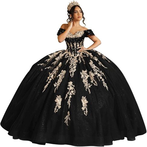 فساتين Quinceanera من Moucy بريق ذهبي مزهّر بالزهور مع فيونكة مطرز بدون أكتاف حلوة 16 فستان مكشكش من التل فساتين سهرة in Kuwait