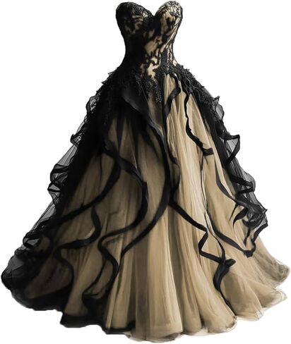 Sweetheart Gothic Black Ruffles Prom Wedding Dresses Long Tulle Lace Ball Gown Quinceanera in Saudi Arabia