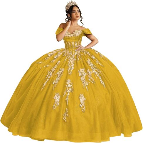 فساتين Quinceanera من Moucy بريق ذهبي مزهّر بالزهور مع فيونكة مطرز بدون أكتاف حلوة 16 فستان مكشكش من التل فساتين سهرة in Kuwait