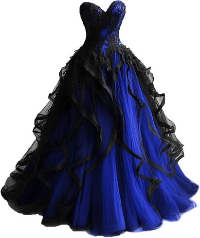 Sweetheart Gothic Black Ruffles Prom Wedding Dresses Long Tulle Lace Ball Gown Quinceanera in Saudi Arabia