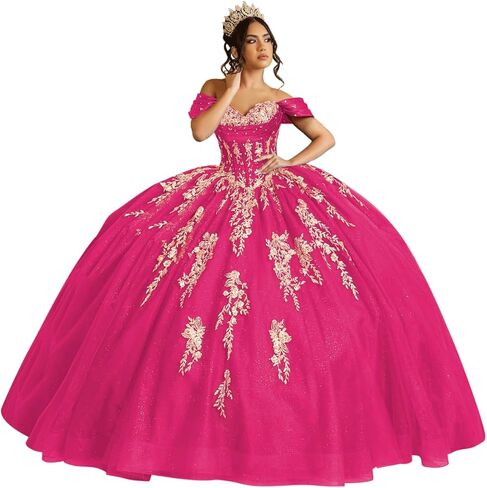 فساتين Quinceanera من Moucy بريق ذهبي مزهّر بالزهور مع فيونكة مطرز بدون أكتاف حلوة 16 فستان مكشكش من التل فساتين سهرة in Kuwait
