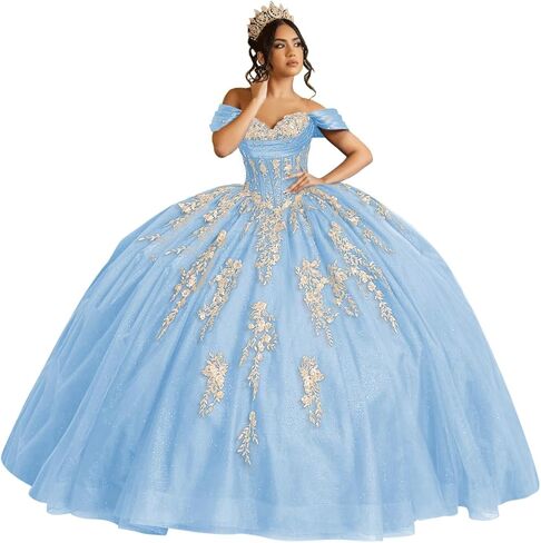 فساتين Quinceanera من Moucy بريق ذهبي مزهّر بالزهور مع فيونكة مطرز بدون أكتاف حلوة 16 فستان مكشكش من التل فساتين سهرة in Kuwait