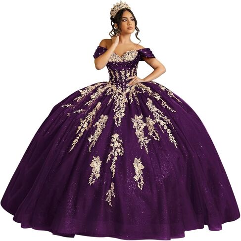 فساتين Quinceanera من Moucy بريق ذهبي مزهّر بالزهور مع فيونكة مطرز بدون أكتاف حلوة 16 فستان مكشكش من التل فساتين سهرة in Kuwait