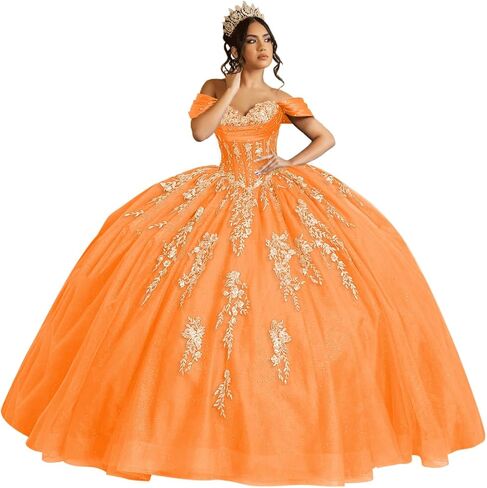 فساتين Quinceanera من Moucy بريق ذهبي مزهّر بالزهور مع فيونكة مطرز بدون أكتاف حلوة 16 فستان مكشكش من التل فساتين سهرة in Kuwait