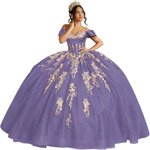 فساتين Quinceanera من Moucy بريق ذهبي مزهّر بالزهور مع فيونكة مطرز بدون أكتاف حلوة 16 فستان مكشكش من التل فساتين سهرة in Kuwait