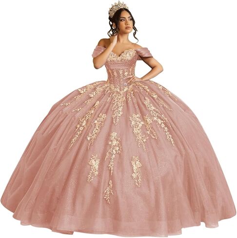 فساتين Quinceanera من Moucy بريق ذهبي مزهّر بالزهور مع فيونكة مطرز بدون أكتاف حلوة 16 فستان مكشكش من التل فساتين سهرة in Kuwait