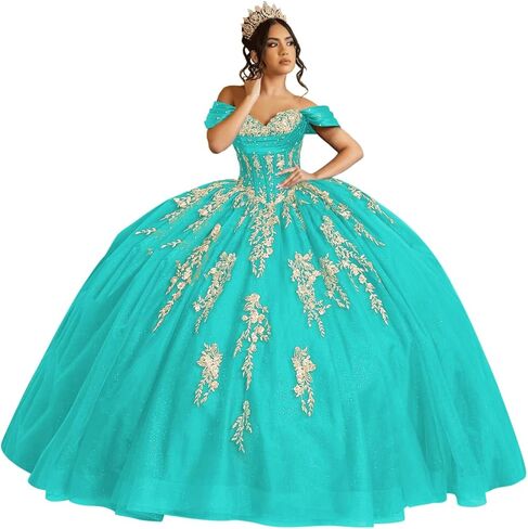 Mouccy Glitter Gold Floral Quinceanera Dresses with Bow Beaded Off Shoulder Sweet 16 Dress Ruched Tulle Evening Ball Gowns in Saudi Arabia