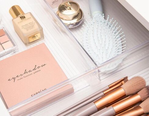 Backerysupply 4 صناديق تخزين حزمة للحمام مستحضرات التجميل ماكياج الغرور البلاستيك الشفاف مكتب درج المنظمين صينية أواني المطبخ فواصل الفضيات 15 "× 6" × 2" in Kuwait