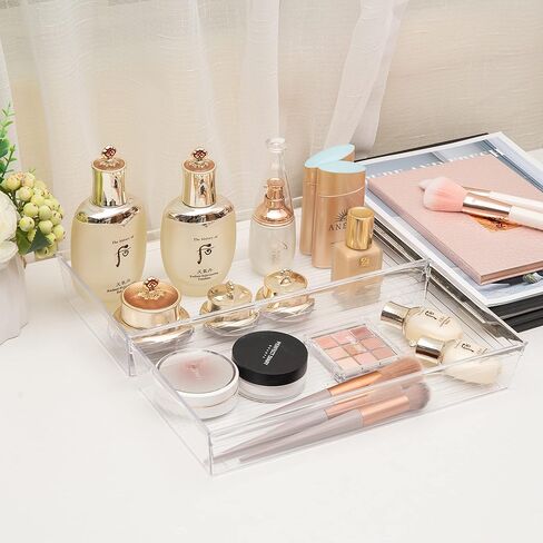 Backerysupply 4 صناديق تخزين حزمة للحمام مستحضرات التجميل ماكياج الغرور البلاستيك الشفاف مكتب درج المنظمين صينية أواني المطبخ فواصل الفضيات 15 "× 6" × 2" in Kuwait