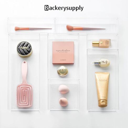 Backerysupply 4 صناديق تخزين حزمة للحمام مستحضرات التجميل ماكياج الغرور البلاستيك الشفاف مكتب درج المنظمين صينية أواني المطبخ فواصل الفضيات 15 "× 6" × 2" in Kuwait