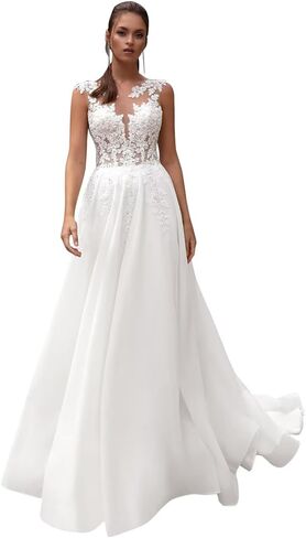 yinyyinhs Lace Appliques Wedding Dresses for Bride Long V Neck Tulle Chiffon A-line Sleeveless Bridal Ball Gown for Women in Kuwait