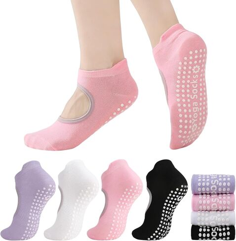 4 Pairs Yoga Socks with Grip for Women, Grippy Socks Woman Pilates Barre Non Slip Yoga Sock in Saudi Arabia