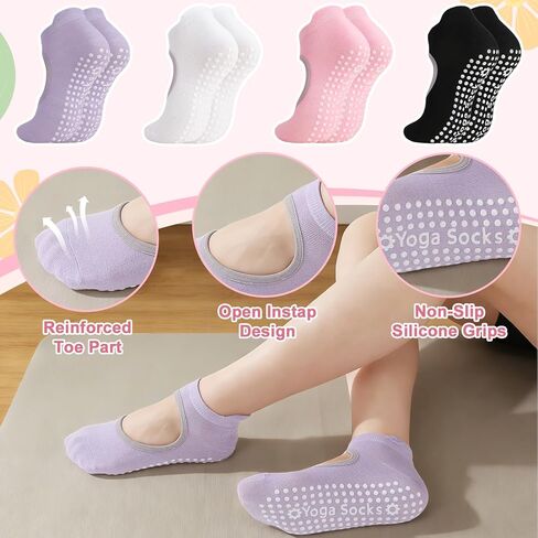 4 Pairs Yoga Socks with Grip for Women, Grippy Socks Woman Pilates Barre Non Slip Yoga Sock in Saudi Arabia