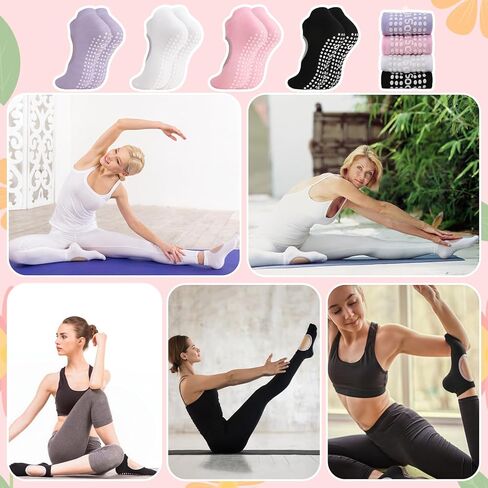 4 Pairs Yoga Socks with Grip for Women, Grippy Socks Woman Pilates Barre Non Slip Yoga Sock in Saudi Arabia
