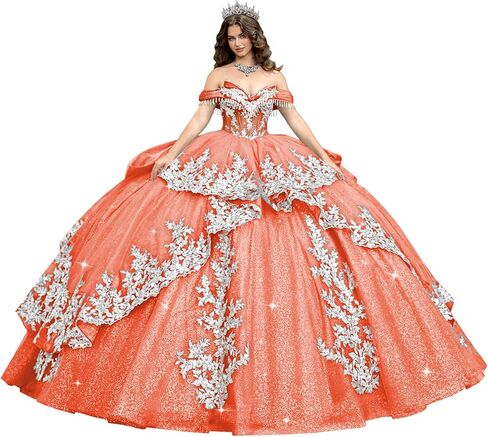 قبالة الكتف تول فساتين Quinceanera الفضة زين ثوب الكرة الطبقات مطرز الحلو 16 فساتين مع شرابة in Saudi Arabia