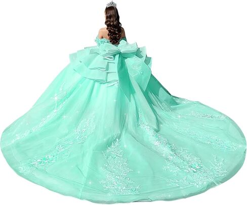 Lace Appliques Quinceanera Dresses Off Shoulder Beaded Ball Gowns with Bow Layered Tulle XV Dress with Train in Saudi Arabia