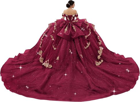 XYAYE Gold Lace Beaded Quinceanera Dresses with Bow Off Shoulder Layered Sweet 16 Dresses Glitter Tulle Quinceañera Dress in Saudi Arabia