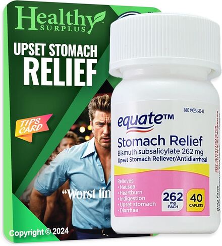 Healthy Surplus Equate Stomach Relief 262 mg 40 Caplets and Vital Volumes Diarrhea Tips Card | Bundle in Kuwait