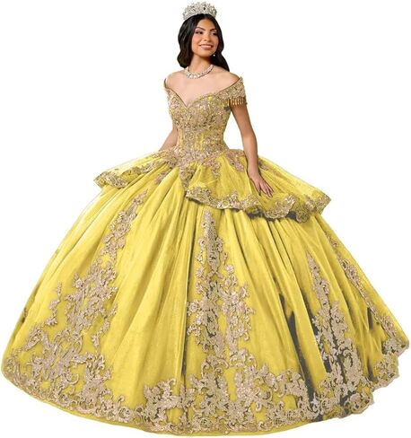 Glitter Tulle Quinceanera Dress with Train Luxury Tassel Sweet 15 16 Dress with Detachable Bow Gold Beaded Ball Gown in Saudi Arabia