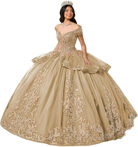 Glitter Tulle Quinceanera Dress with Train Luxury Tassel Sweet 15 16 Dress with Detachable Bow Gold Beaded Ball Gown in Saudi Arabia