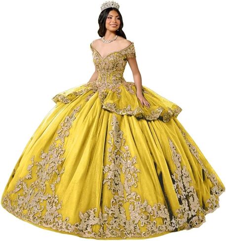Glitter Tulle Quinceanera Dress with Train Luxury Tassel Sweet 15 16 Dress with Detachable Bow Gold Beaded Ball Gown in Saudi Arabia