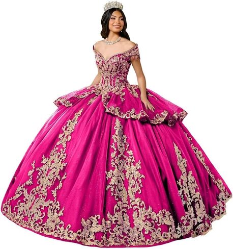 Glitter Tulle Quinceanera Dress with Train Luxury Tassel Sweet 15 16 Dress with Detachable Bow Gold Beaded Ball Gown in Saudi Arabia