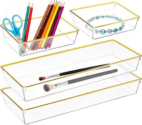 6 Pack Large Size Clear Stackable Drawer Organizer Trays, Gold Rim Makeup Drawer Storage Tray Divider, Desk Storage for Makeup, Jewelry, Bathroom, Stationary, Kitchen Utensils and Office Desk in Saudi Arabia