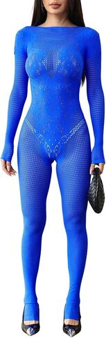 Women's Sexy Floral Lace Long Sleeve Jumpsuit One Piece Mesh Full Bodysuit Backless Stretchy Seamless Clubwear Outfits in Saudi Arabia