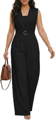 CHICME Women's Casual Jumpsuit V Neck Sleeveless Lace-Up Elastic Back Waist Shirred Wide Leg Romper with Bandeau Top in Saudi Arabia