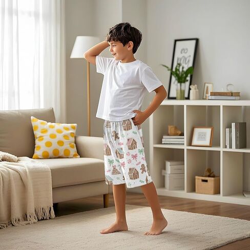 Lounge Pajama Shorts Sleep Pants Summer Soft PJ Bottoms 6-14 Years Gingerbread Houses Candies Bows Trees, in Saudi Arabia