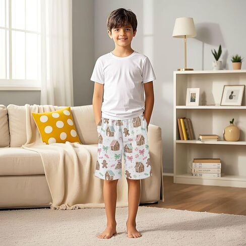 Lounge Pajama Shorts Sleep Pants Summer Soft PJ Bottoms 6-14 Years Gingerbread Houses Candies Bows Trees, in Saudi Arabia