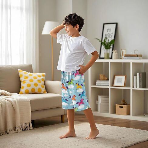 Lounge Pajama Shorts Sleep Pants Summer Soft PJ Bottoms 6-14 Years Colorful Horses Clouds Stars Sky, in Saudi Arabia
