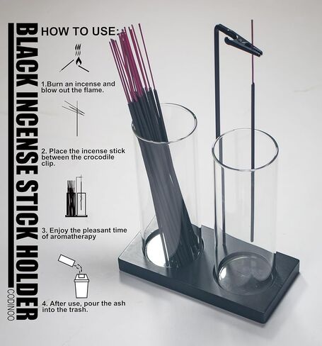 حامل بخور 2 في 1 للعصي حامل البخور مع مساحة تخزين، حامل بخور زجاجي مقلوب للعصي مع صائد رماد زجاجي للتأمل واليوجا والمنتجعات الصحية وديكور المنزل [2 طويل أسود] in Kuwait