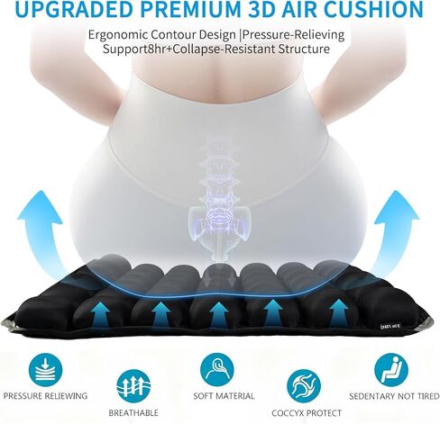 Inflatable Seat Cushion for Airplane: Coccyx Pressure Relief Sitting Cushion with 42 Interconnected Air Cells - Ergonomic Comfort Buttock Supports 380 lb for Travel/Wheel Chair/Car/Office/Stadium in Saudi Arabia